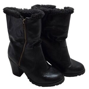 Lane Bryant‎ Black Faux Leather Heeled Ankle Boots Fur Trim Zip Up 6M